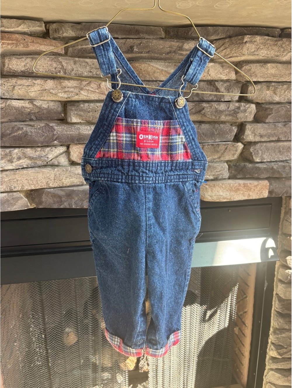 Vintage OshKosh Denim Baby Overalls pants Plaid Trim 12 months Boys Infant Kids